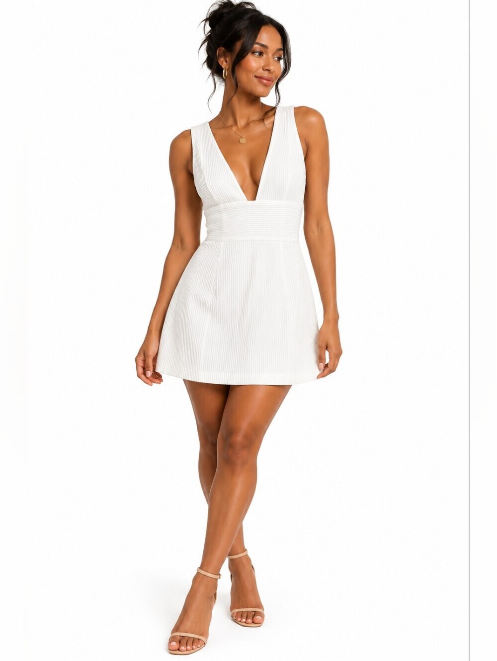 Zara Trafaluc White Ribbed Deep V Neck Mini Dress Medium